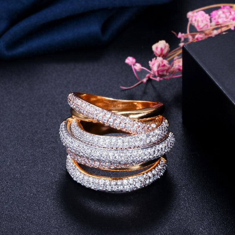 CWWZircons Luxury Designer 3 Tones Gold Plated Cubic Zironium Big Wedding Engagement Bridal Finger Ring Jewelry Addiction R059 - MY WORLD