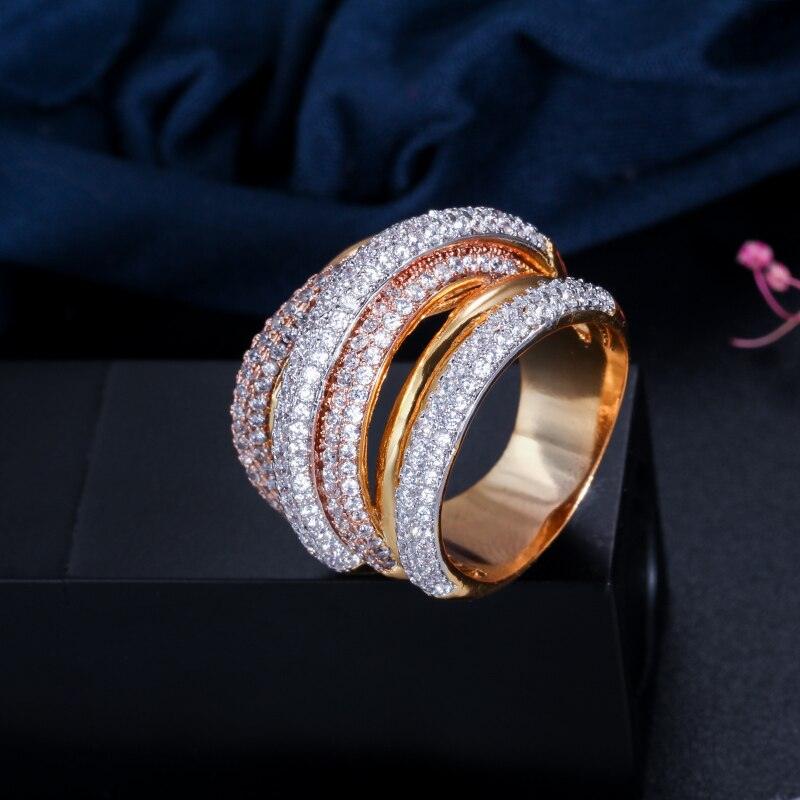 CWWZircons Luxury Designer 3 Tones Gold Plated Cubic Zironium Big Wedding Engagement Bridal Finger Ring Jewelry Addiction R059 - MY WORLD