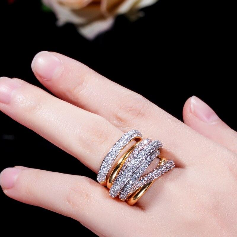 CWWZircons Luxury Designer 3 Tones Gold Plated Cubic Zironium Big Wedding Engagement Bridal Finger Ring Jewelry Addiction R059 - MY WORLD